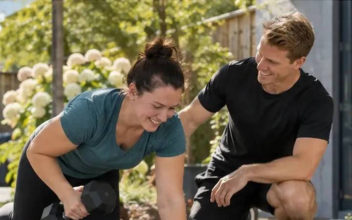 Een personal trainer begeleidt een klant bij een oefening met een dumbbell, buiten in een tuin.