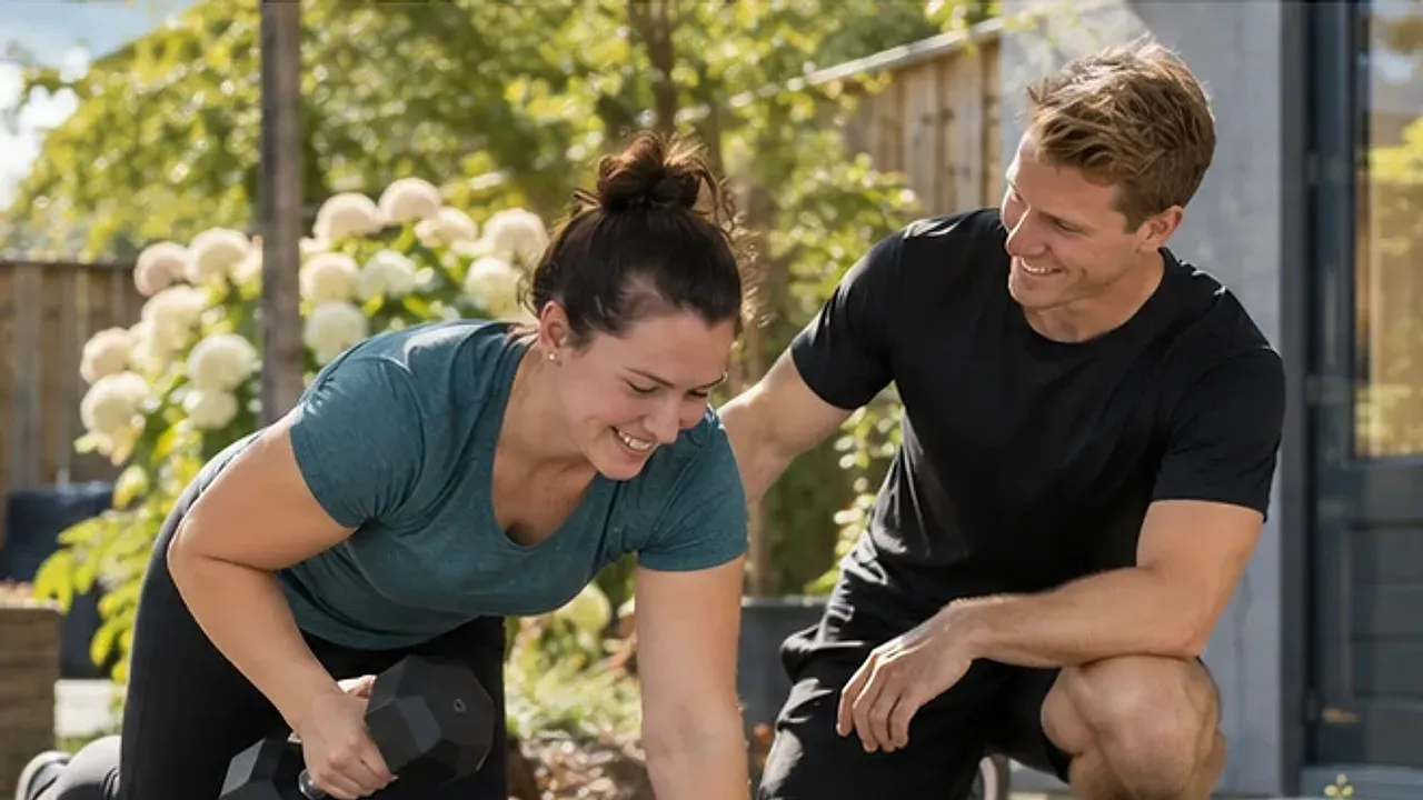 Een personal trainer begeleidt een klant bij een oefening met een dumbbell, buiten in een tuin.