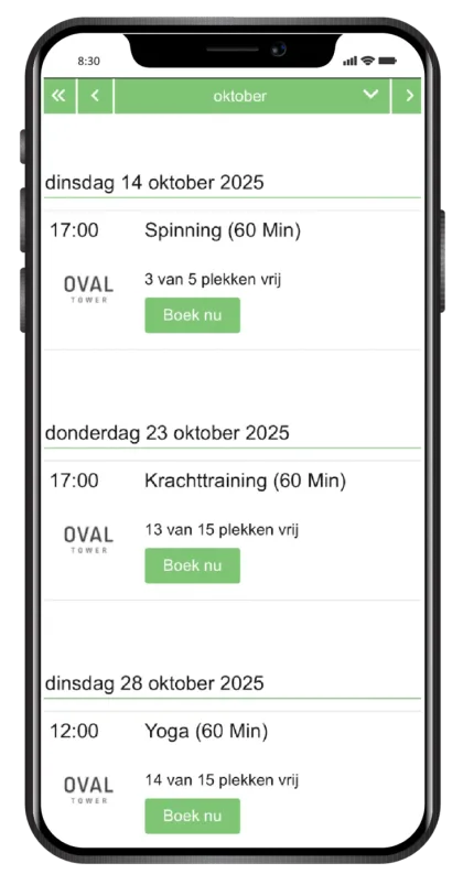 De boekingswidget op een telefoon: een rooster met lessen en een Boek nu-knop per les