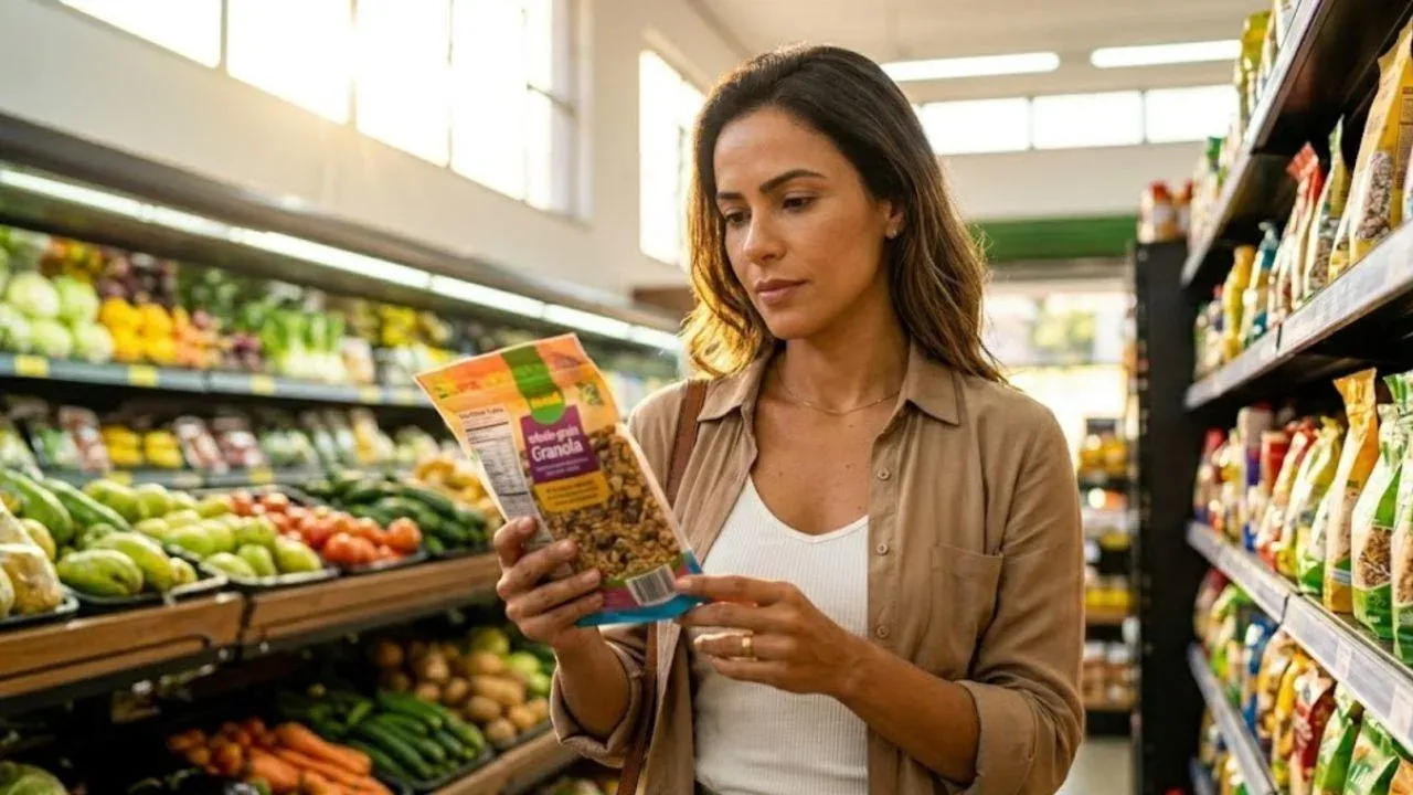 Een vrouw in de supermarkt bekijkt de verpakking en het etiket van een pak granola.