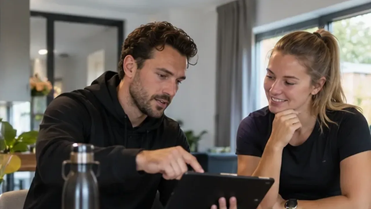 Een personal trainer en een klant bekijken samen een trainingsschema op een tablet aan een tafel.