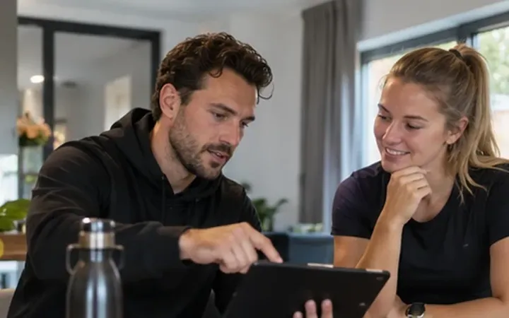 Een personal trainer en een klant bekijken samen een trainingsschema op een tablet aan een tafel.