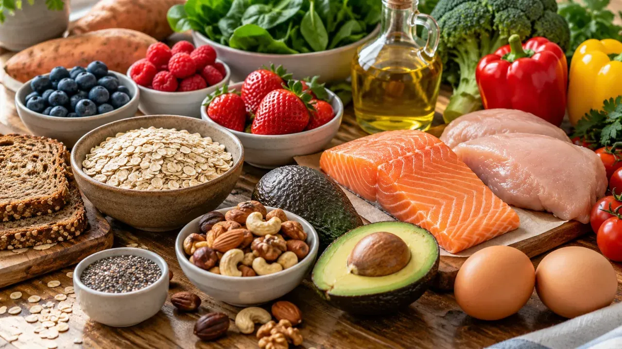 Houten tafel vol gezonde voeding: havermout, bessen, zalm, kipfilet, avocado, noten, eieren en groenten.