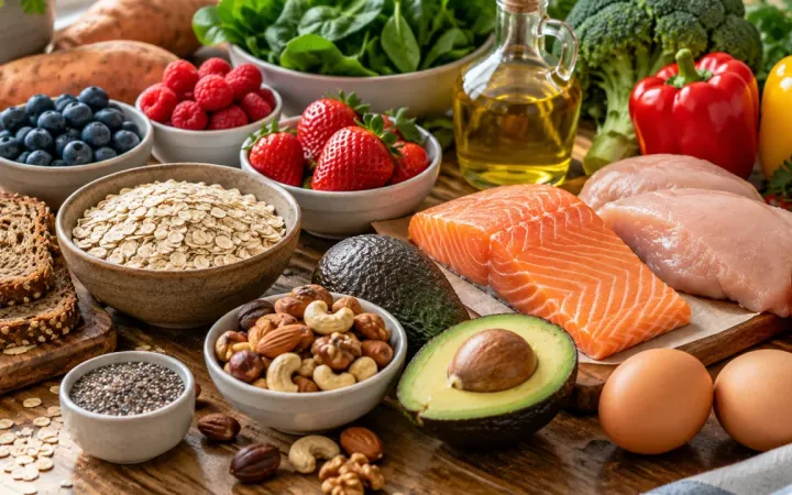 Houten tafel vol gezonde voeding: havermout, bessen, zalm, kipfilet, avocado, noten, eieren en groenten.