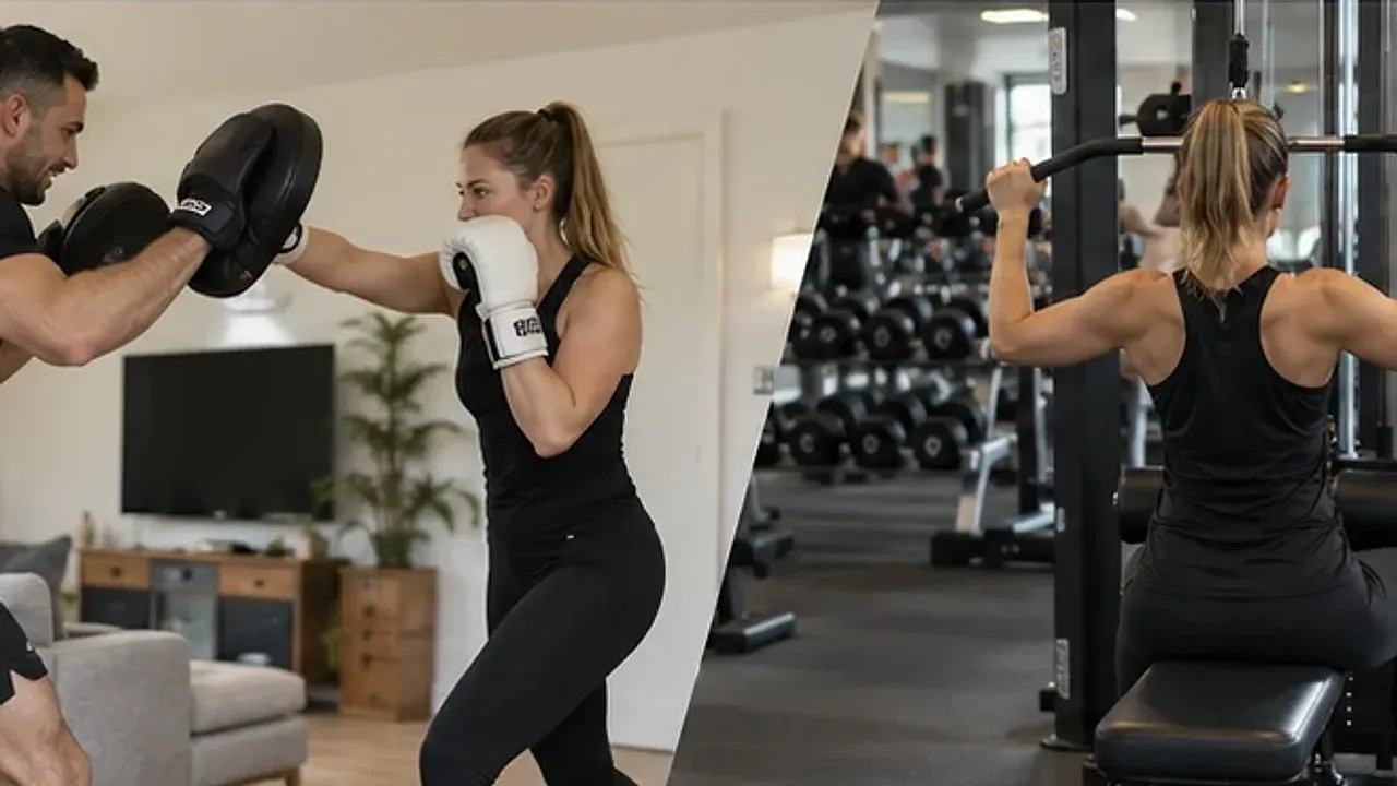 Links begeleidt een personal trainer een klant thuis bij boksen met stootkussens, rechts traint iemand zelfstandig aan een lat pulldown-apparaat in een sportschool.