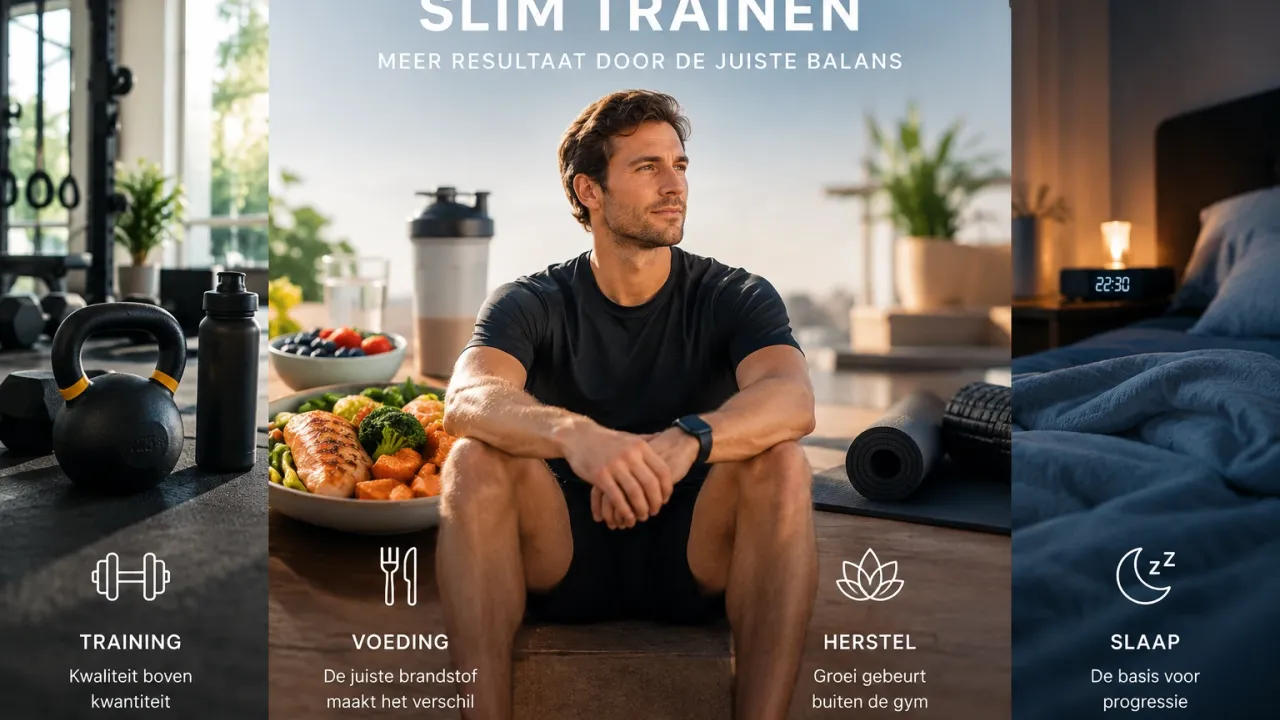 Vier pijlers van slim trainen: training, voeding, herstel en slaap, met een sporter die na het trainen buiten rust.